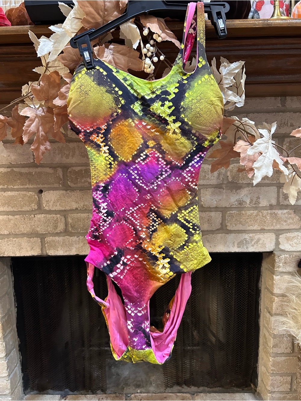 Vibrant Neon Snake-Print One-Piece Swimsuit - Pink, Yellow, Black EUC